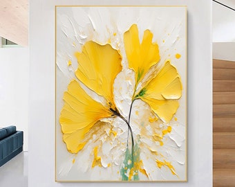 Origineel Ginkgo olieverfschilderij, gele Ginkgo Biloba blad schilderij, Ginkgo, 3D textuur kunst aan de muur, Ginkgo laat botanische kunst, woonkamer muur decor