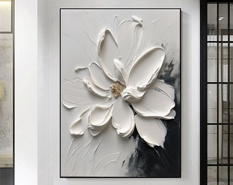 Large 3D Black and White Flower Oil Painting on Canvas,3D White Flower Textured Art,Black White Palette Knife Painting,Living Room Wall Deco