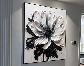 Large Black and White Flower Abstract Oil Painting,3D Heavy Texture Flower,Minimalist Black and White Oil Painting,White Flower Oil Painting