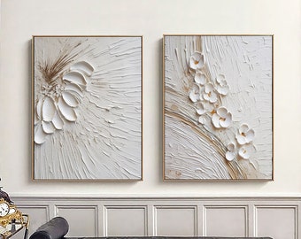 2P Large 3D White Heavy Textured Flower Oil Painting Canvas,Original 3D Floral Wall Art,White Flower Painting,Modern Living Room Home Decor