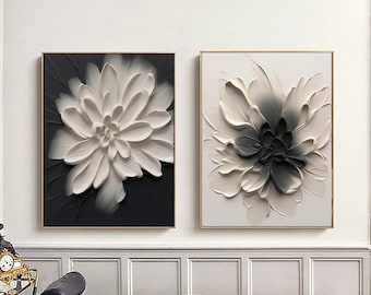 2P Large Black and White 3D Textured Flower Oil Painting,Original Black and White Floral Painting,Floral Minimalist Art,3D Floral Wall Decor