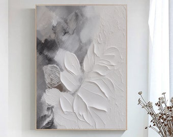 Large Gray Abstract Painting on Canvas,Gray White 3D Texture Wall Art,White Gray Minimalist Art,Textured Floral Painting,Living Room Decor