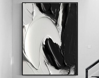 Large Black White Abstract Wall Art,Black White Abstract Painting,Black And White 3D Textured Art,Black and White Minimalist Oil Painting