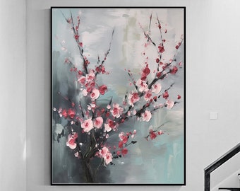 Large Plum Blossom Oil Painting,Original Pink Plum Floral Oil Painting on Canvas,Plum Blossom Wall Art,Blue Plum blossom,Living Room Decor