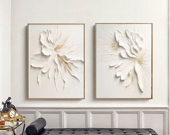 2P White Flower 3D Textured Wall Art,3D Heavy Textured Painting,Abstract White Wall Art,Minimalist White Oil Painting,Wabi-Sabi Art Decor