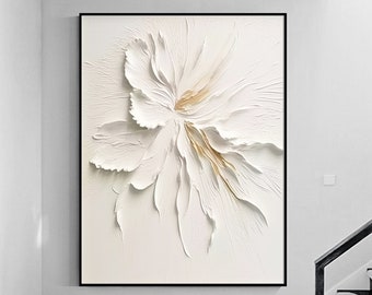 White Abstract Wall Art,White Flower Oil Painting,Minimalist 3D White Painting,Original 3D White Wall Art,White 3D Texture Art,Wabi-Sabi Art