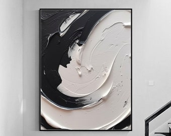 Large Black And White Abstract Painting,3D Black and White Textured Wall Art,Black And White Wall Art,Black White Minimalist Wall Decor Art