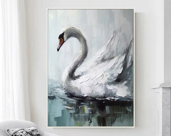 Schwäne Ölgemälde auf Leinwand, Weißer Schwan Gemälde-Original Vogelgemälde, Niedliche Vogelkunst, Vogelliebhaberkunst, Tierstrukturkunst, Wohnzimmerdekoration