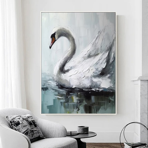 Swans Oil Painting on Canvas,White Swan Painting-Original Bird Painting,Cute Bird Art,Birds Lover Art,Animal Texture Art,Living Room Decor