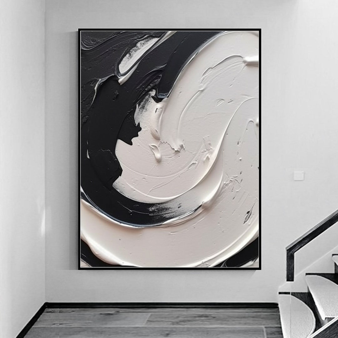 Large Black and White Abstract Painting,3d Black and White Textured Wall Art,black and White ...