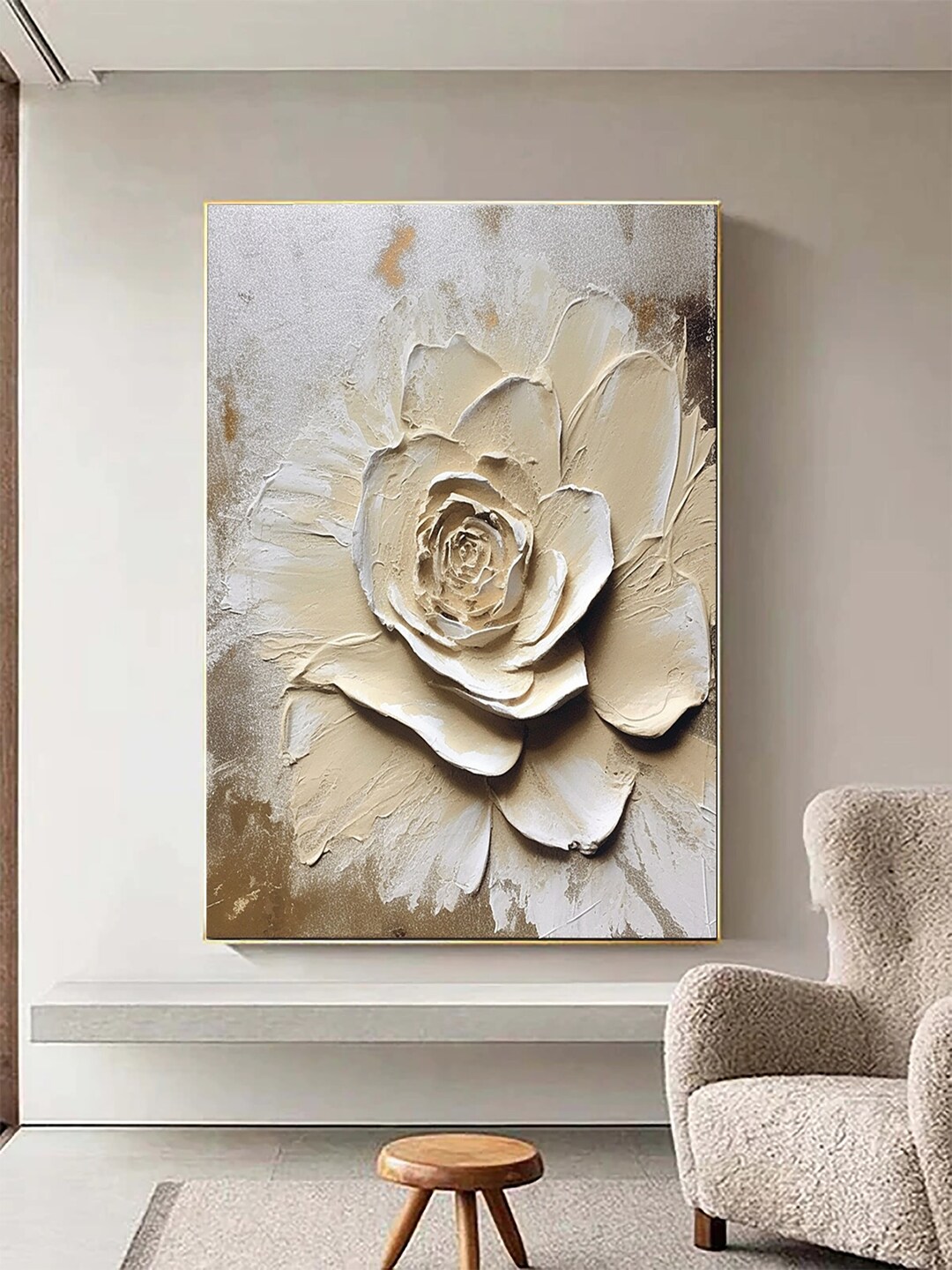 Large Beige Flower Oil Painting, Heavy Textured Minimalist Beige Floral Wall Art,beige Textured