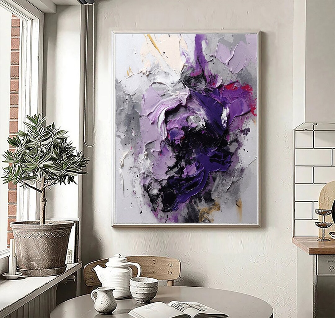 Original Abstract Purple Oil Painting on Canvas,black Purple Abstract