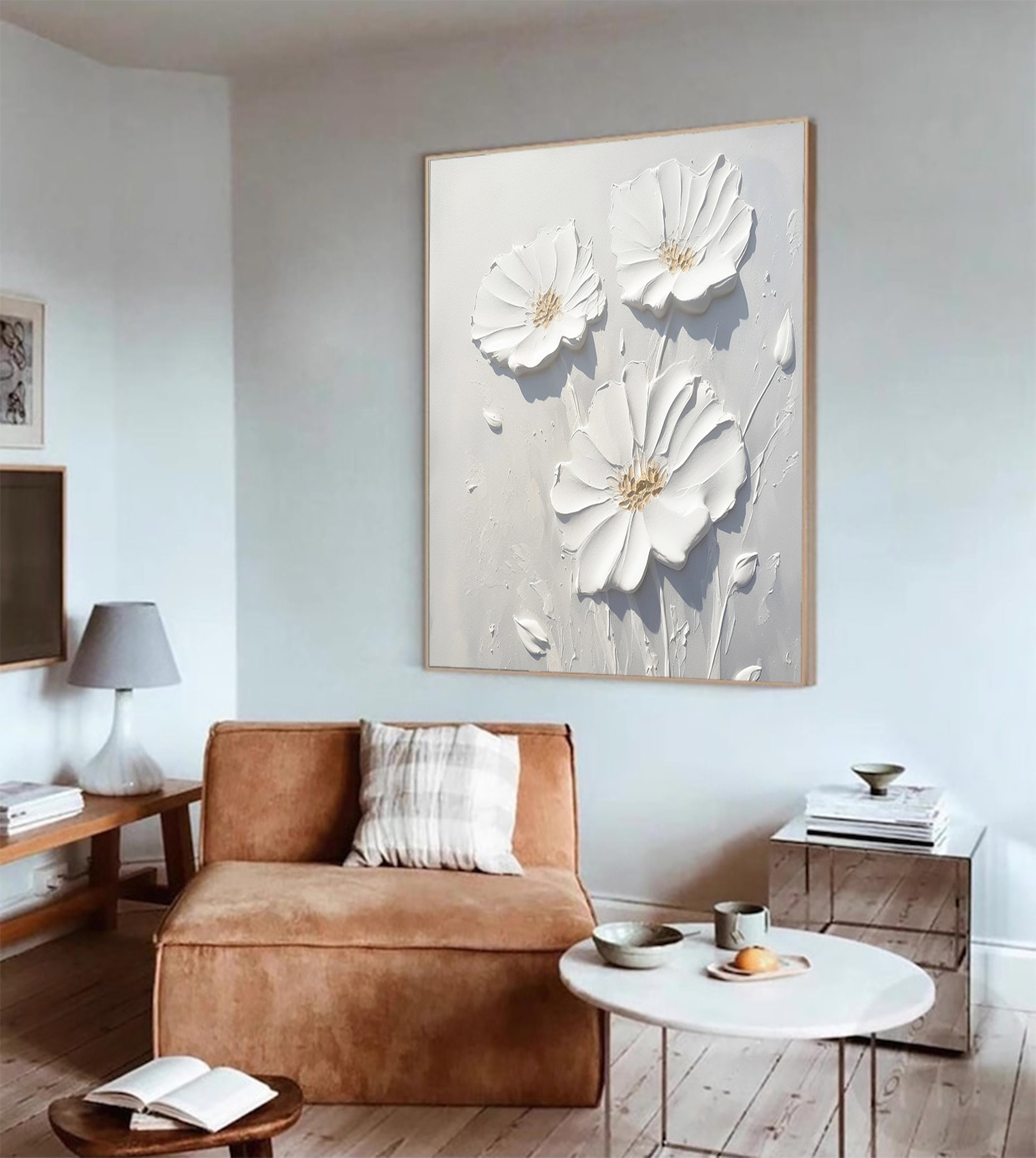 3D White Flower Textured Painting,original Heavy Textured Floral Wall ...