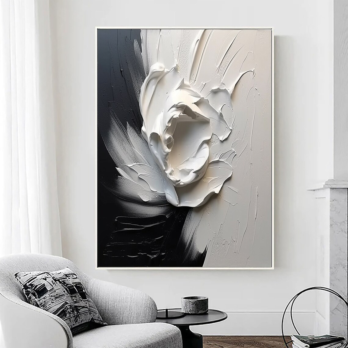 Large Abstract Black and White Oil Painting,black and White 3D Textured ...