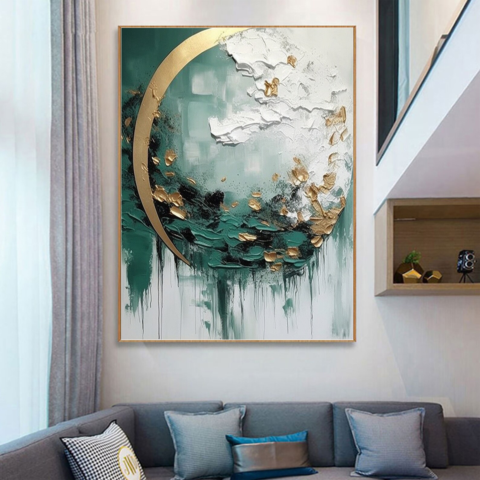 Green Abstract Painting,nordic Large Green White Abstract Wall Art,3d ...