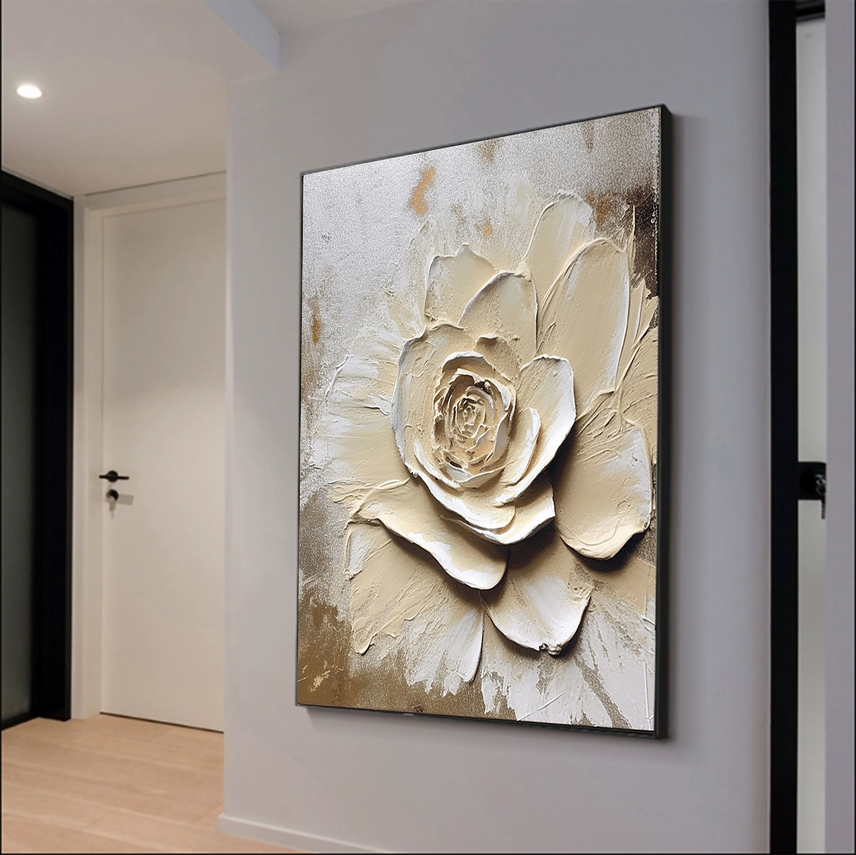 Large Beige Flower Oil Painting, Heavy Textured Minimalist Beige Floral Wall Art,beige Textured