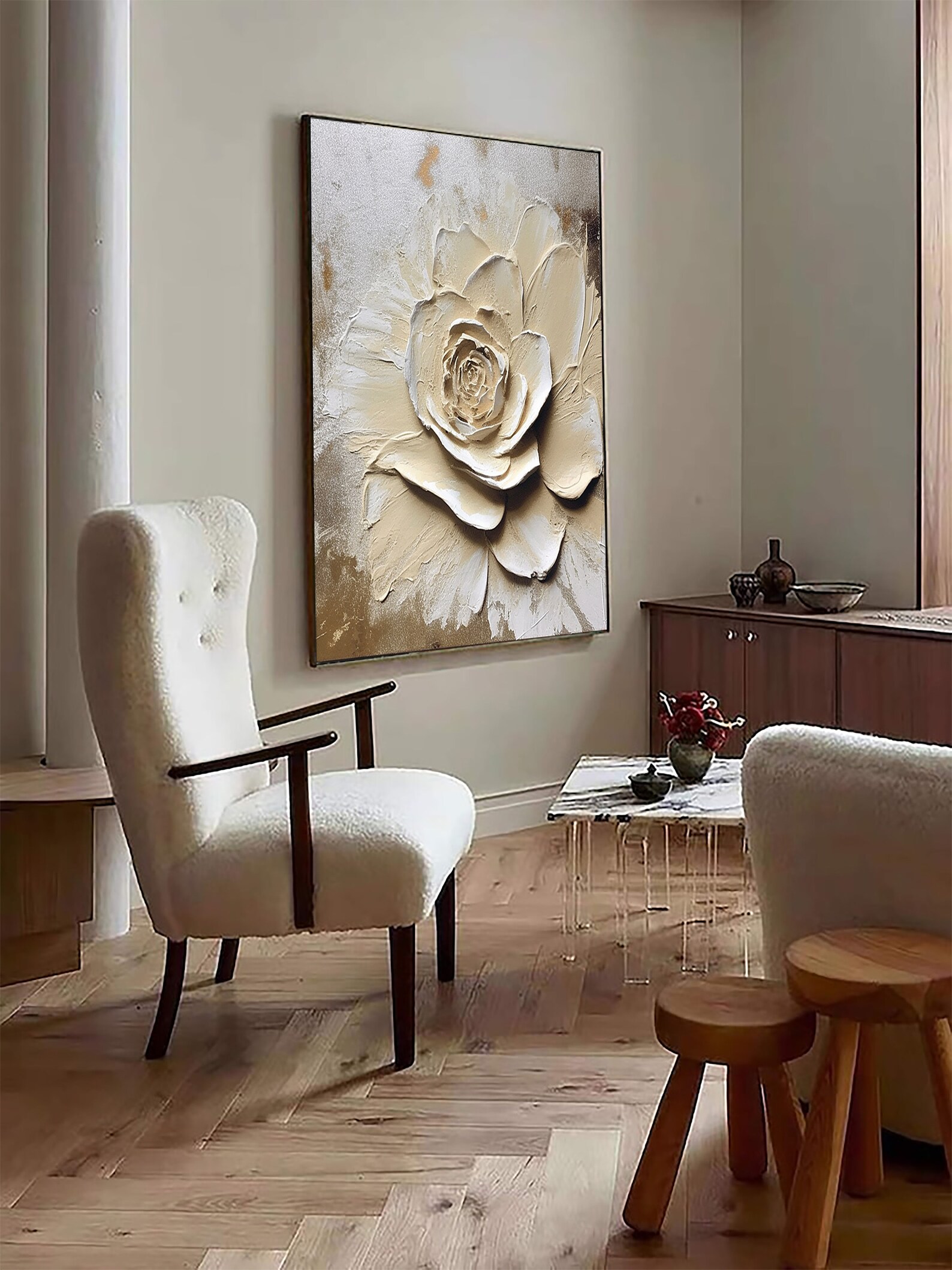Large Beige Flower Oil Painting, Heavy Textured Minimalist Beige Floral Wall Art,beige Textured