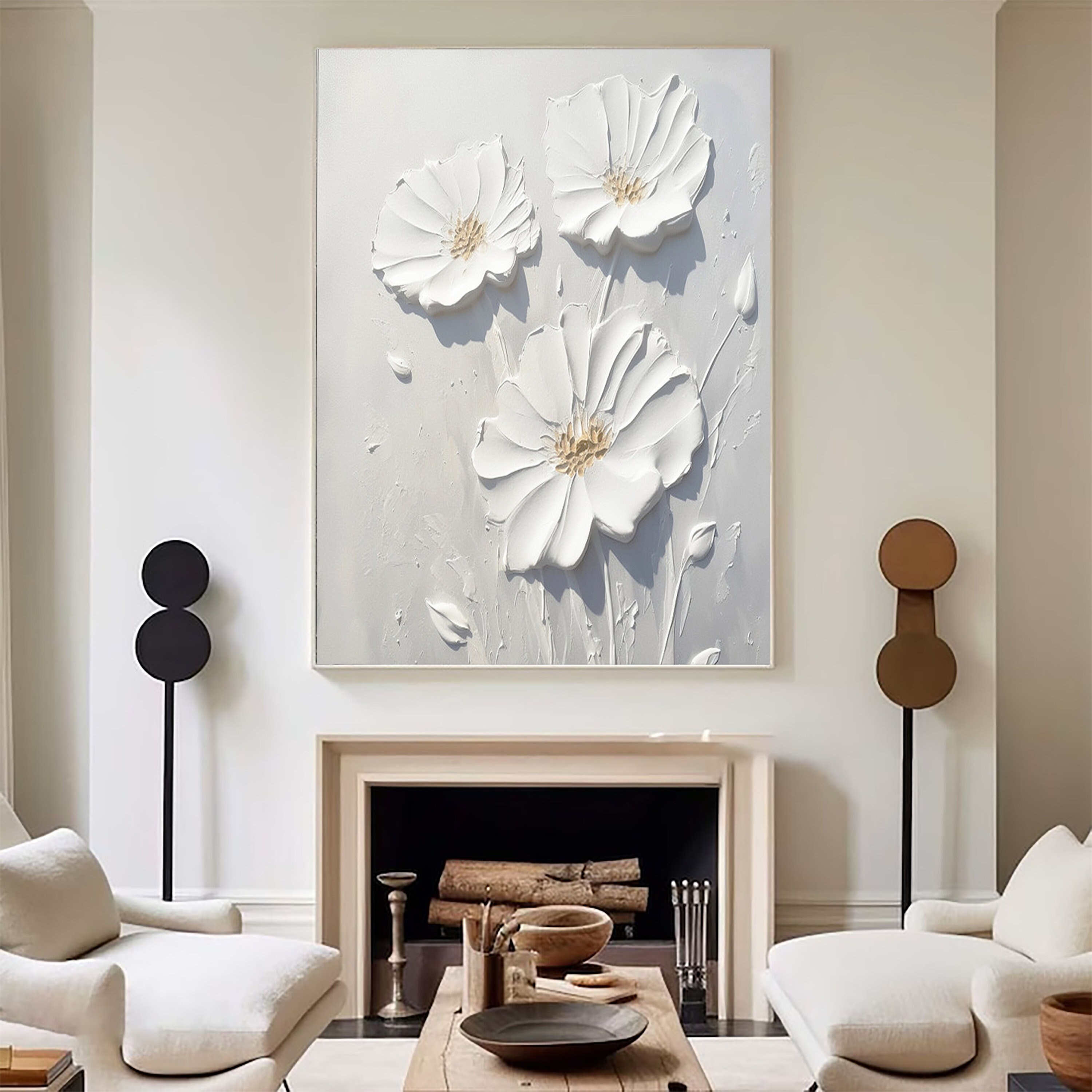 3D White Flower Textured Painting,original Heavy Textured Floral Wall ...
