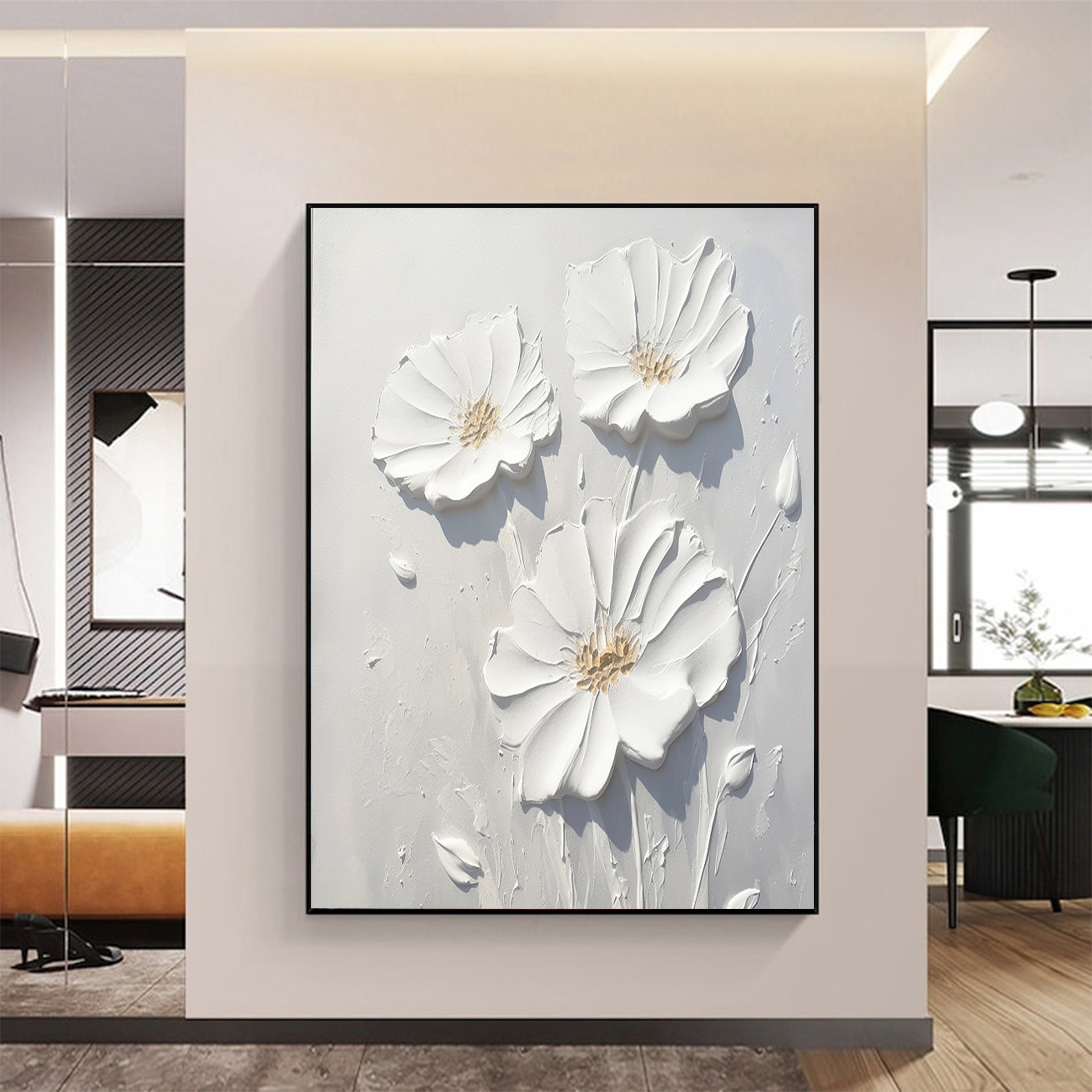 3D White Flower Textured Painting,original Heavy Textured Floral Wall ...