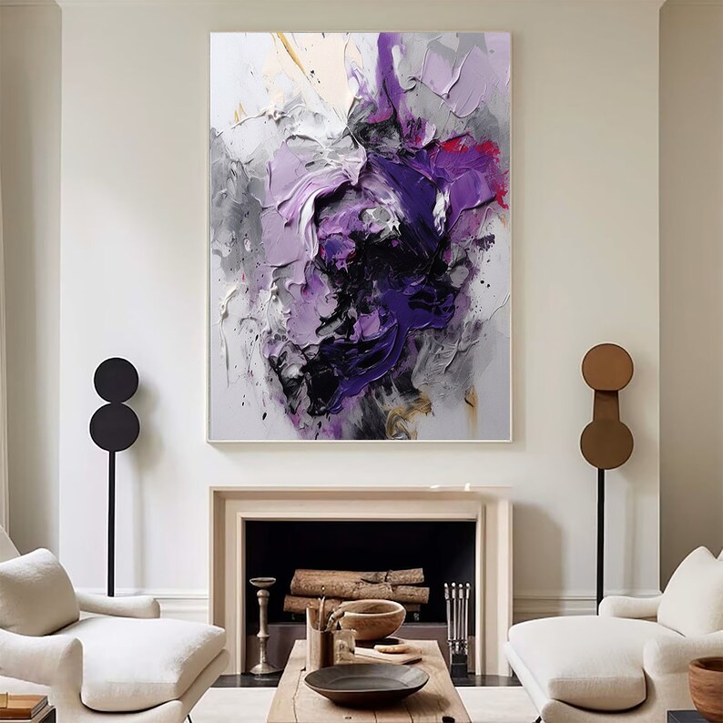 Original Abstract Purple Oil Painting on Canvas,black Purple Abstract Painting,purple Texture