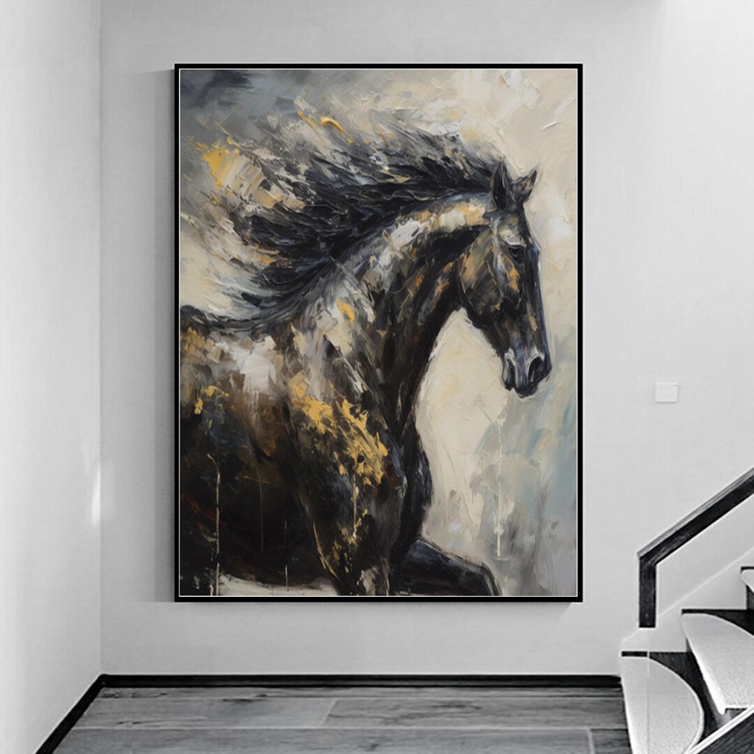 Large Black Horse Oil Painting on Canvas,grey and Gold Abstract Horse ...