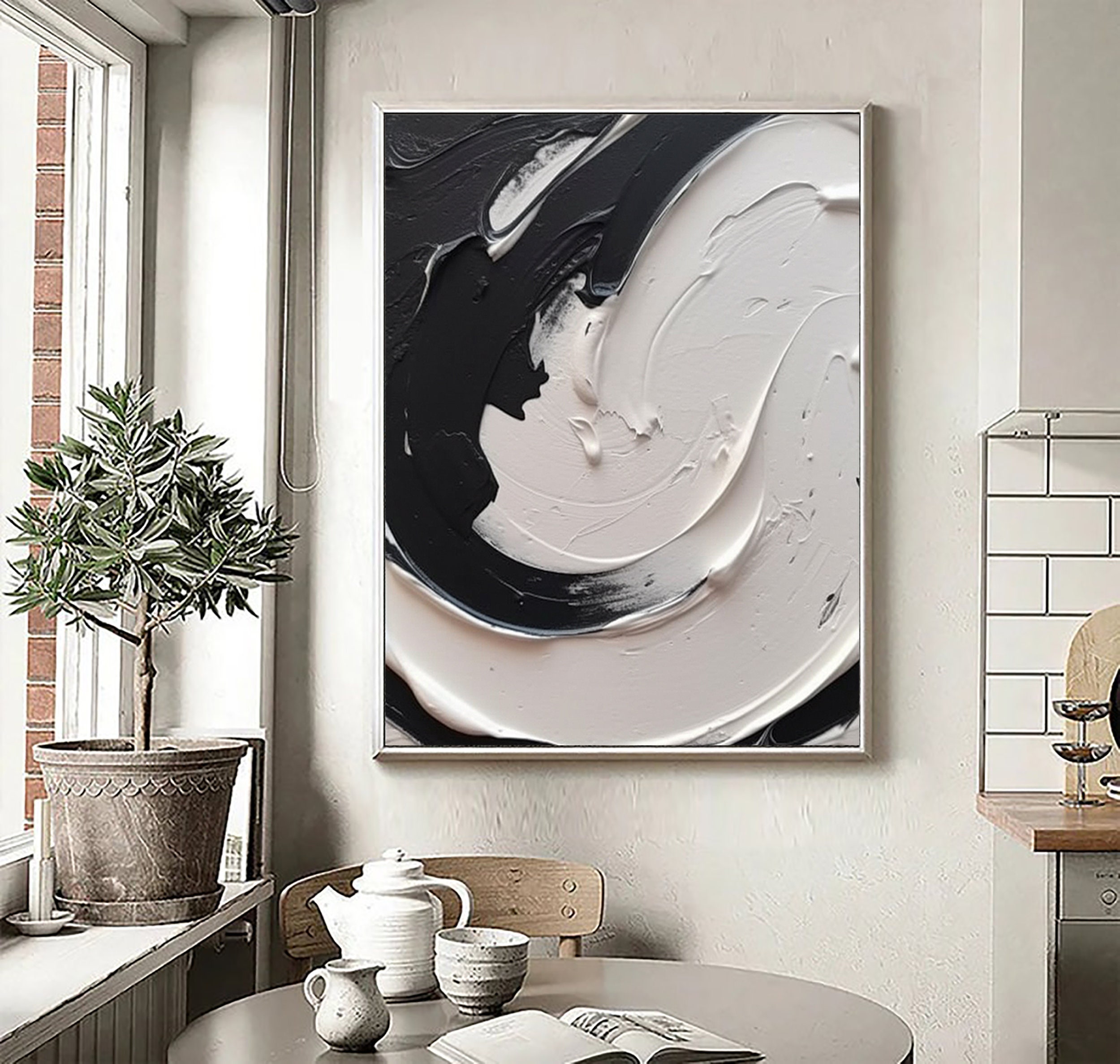 Large Black and White Abstract Painting,3d Black and White Textured