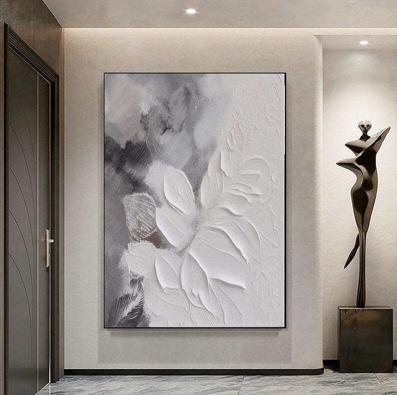 Large Gray Abstract Painting on Canvas,gray White 3D Texture Wall Art,white Gray Minimalist Art