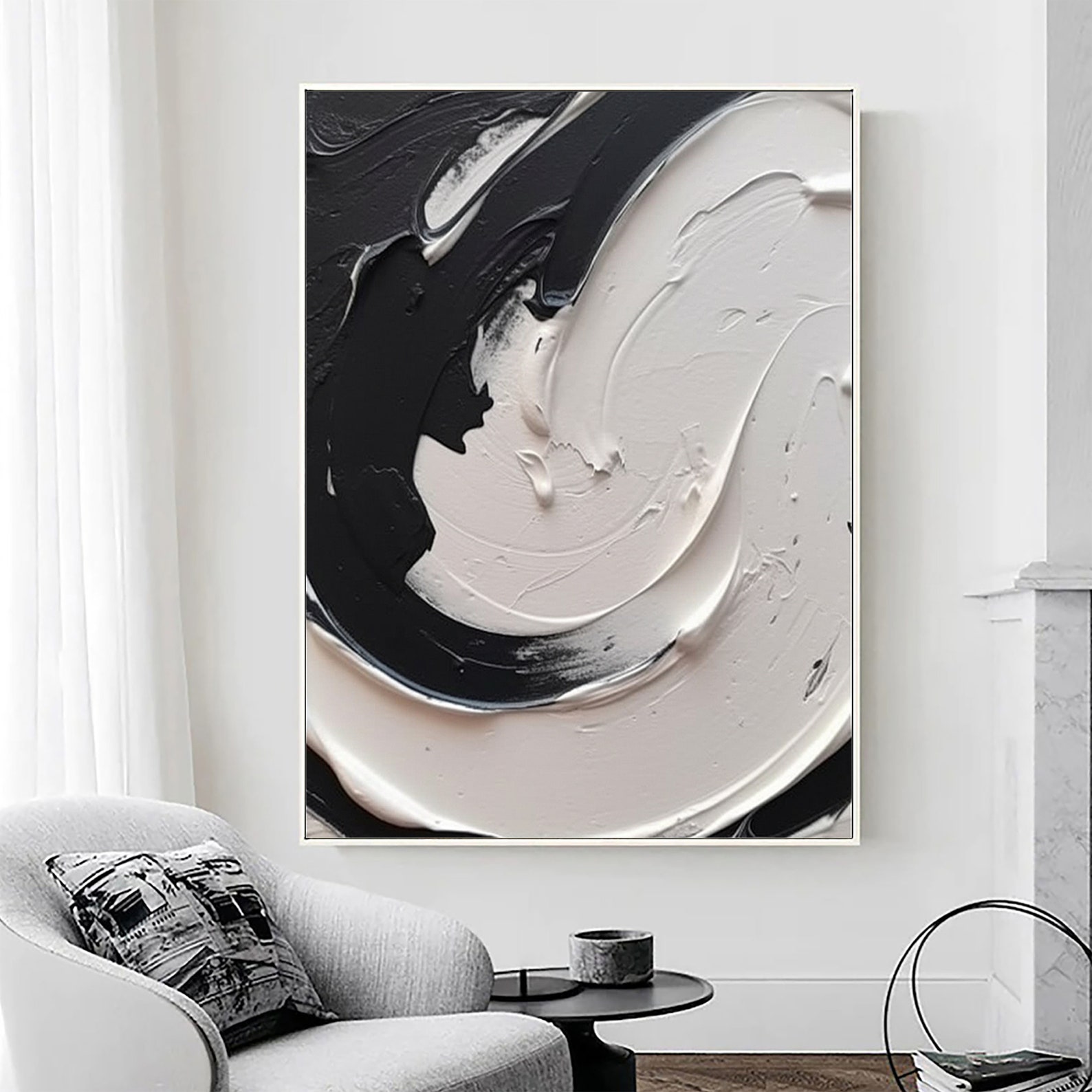 Large Black and White Abstract Painting,3d Black and White Textured Wall Art,black and White ...