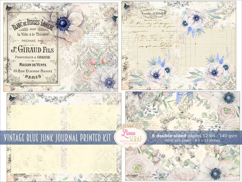 Vintage Blue Junk Journal Printed Paper, Blue Flowers Collage Sheets, Floral Printed Junk Journal Kit, Printed Paper image 6