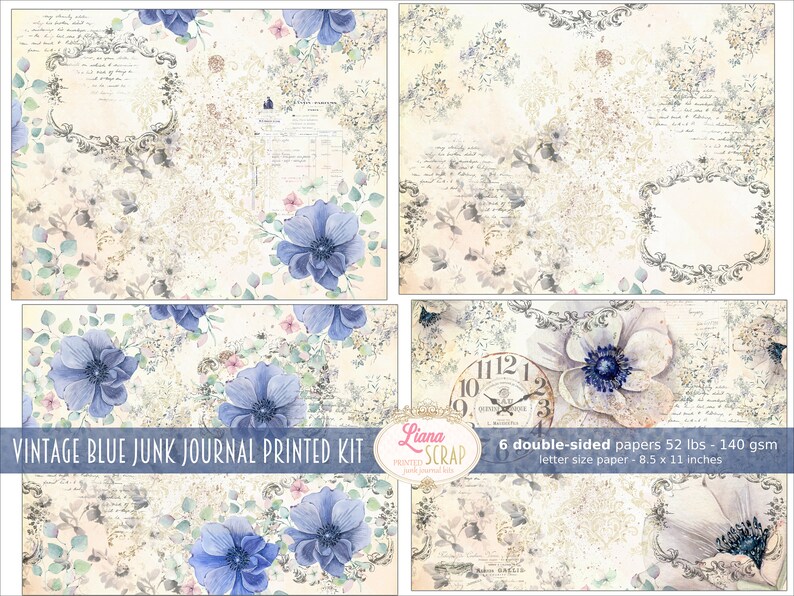 Vintage Blue Junk Journal Printed Paper, Blue Flowers Collage Sheets, Floral Printed Junk Journal Kit, Printed Paper image 5