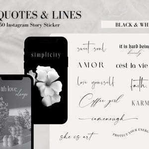 Może przedstawiać: Czarno-białe naklejki na historie na Instagramie z cytatami i liniami. Cytaty obejmują "sweet soul", "it is hard being heavenly", "AMOR", "c'est la vie", "love yourself", "faith", "Coffee girl", "KARMA", "i am enough", "she is art", "protect your energy", "with love, always" i "simplicity".