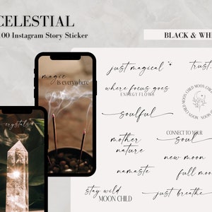 Może przedstawiać: Zestaw czarno-białych naklejek na historie na Instagramie z frazami takimi jak "po prostu magiczne", "zaufanie", "gdzie skupia się energia, tam płynie", "dusza", "matka natura", "namaste", "pozostań dziki dzieckiem księżyca", "połącz się ze swoją duszą", "nów", "pełnia księżyca" i "po prostu oddychaj".