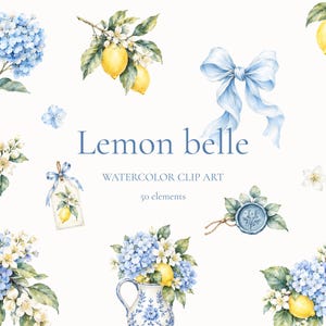 Puede incluir: Una colección de imágenes prediseñadas en acuarela con hortensias azules, limones amarillos, flores blancas, un lazo azul claro, una jarra estampada y un sello de cera. El texto dice Lemon belle WATERCOLOR CLIP ART 50 elements en azul.