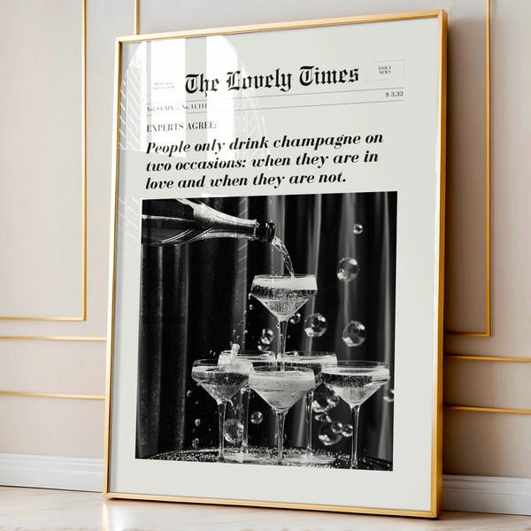 Champagne Zeitung Trendige Wandkunst Druck Retro Vintage Digitaldrucke druckbare Kunst Ästhetisches Dekor Wandbild