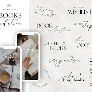 May include: A collection of Instagram story stickers for book lovers. The stickers feature text such as "Books edition", "Reading corner", "Book collection", "Coffee & Books", "Book lover", "One more page", "This quote", "Imagination", "In love with my books", "Bestseller", "On my wishlist", "Can not stop", and "Book obsession".