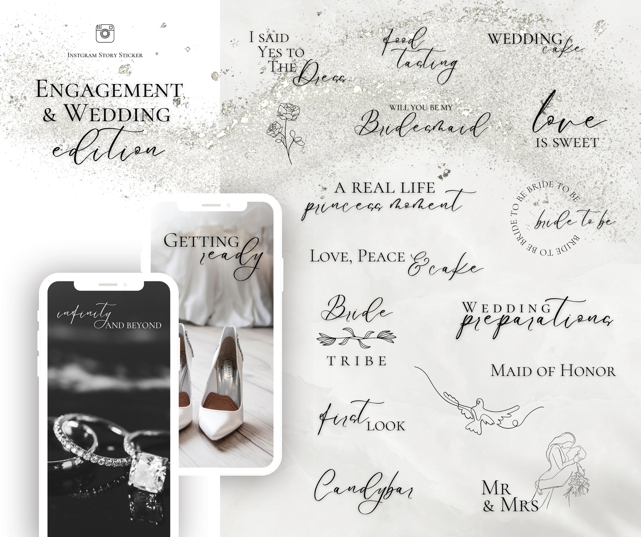 100+ Instagram Story Sticker Hochzeit Wedding Stickers Braut Heiraten Honeymoon Flower Botanischer Shooting Brushstrokes Clip Art Frames png