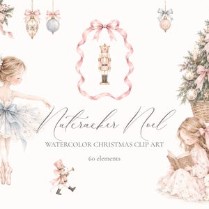 Puede incluir: Una colección de imágenes prediseñadas navideñas en acuarela que incluye una bailarina con tutú azul, un cascanueces en un marco de cinta rosa, un árbol de Navidad decorado, un ratón con uniforme y un niño leyendo con el texto Nutcracker Noel.