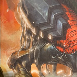 May include: Illustration of a figure in dark armor, possibly a knight or warrior, kneeling. The armor is detailed with geometric shapes and dark shading. The background is a warm orange and yellow, suggesting a sunset or fiery scene.