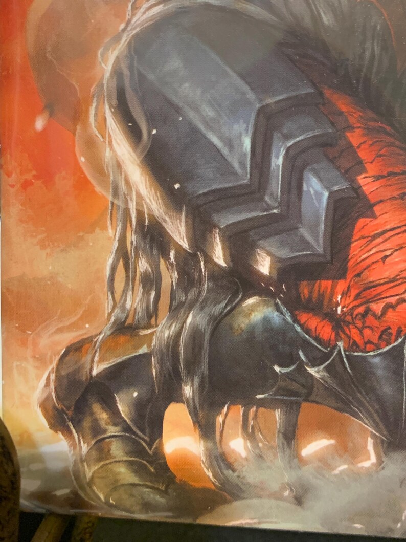 May include: Illustration of a figure in dark armor, possibly a knight or warrior, kneeling. The armor is detailed with geometric shapes and dark shading. The background is a warm orange and yellow, suggesting a sunset or fiery scene.