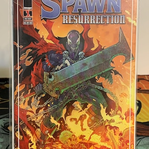 May include: Spawn Resurrection #1 comic book cover featuring a red and black superhero character with a large sword and chains, standing in a fiery background with skulls and bones.