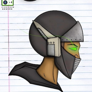 May include: Illustration of a character with a futuristic helmet and glowing green eyes. The word "Obsidian" is displayed above the character. The image is on lined paper and includes the text "Written and Illustrated by: Brandon Wizard."