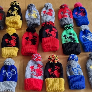 May include: A collection of 17 knitted hats with different coloured pom-poms and designs. The hats feature a variety of colours, including red, blue, green, yellow, and black. Each hat has a different design, including a dragon, a snake, and a 555.
