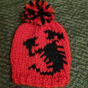 May include: Red knitted hat with a black pom-pom and a black dragon design.