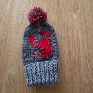 May include: Grey knitted hat with a red scorpion design and a grey and red pom pom on top.