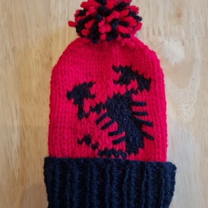 May include: Red knitted beanie with a black pom pom and a black embroidered eagle design.