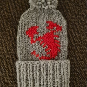 May include: A grey knitted beanie with a red knitted scorpion design and a grey pom pom on top.