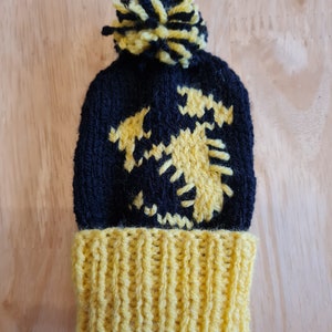 May include: Black and yellow knitted hat with a pom pom on top. The hat has a yellow knit design on the black knit fabric.