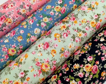 100% Cotton Floral Fabric/ Printed Poplin cotton fabric / Retro Vintage Rose Fabric / 1,10 cmts/45 inch width / Oeko-Tex/ by the meter