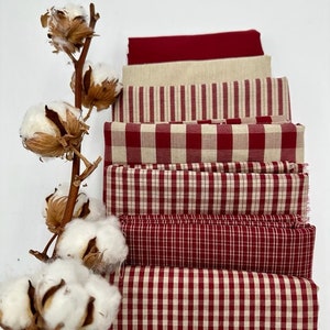 Tissu 100 % coton teint en fil / Tissu country de luxe / 7 motifs assortis / Tissus exclusifs fabriqués en Espagne / Lot de 7 tissus country en coton ROUGE image 1