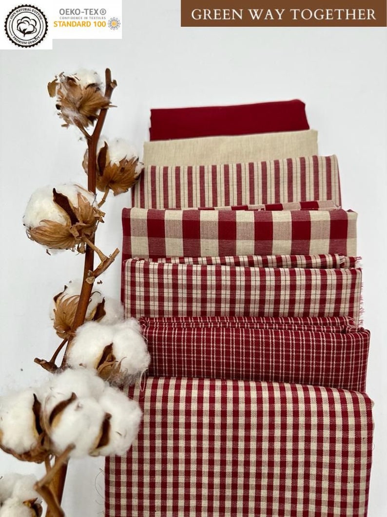 Tissu 100 % coton teint en fil / Tissu country de luxe / 7 motifs assortis / Tissus exclusifs fabriqués en Espagne / Lot de 7 tissus country en coton ROUGE image 1